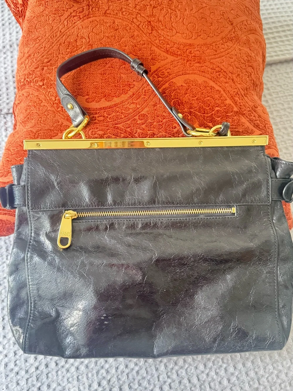 Badgley Mischka Black Leather Studded Top-Handle Satchel with Gold Hardware